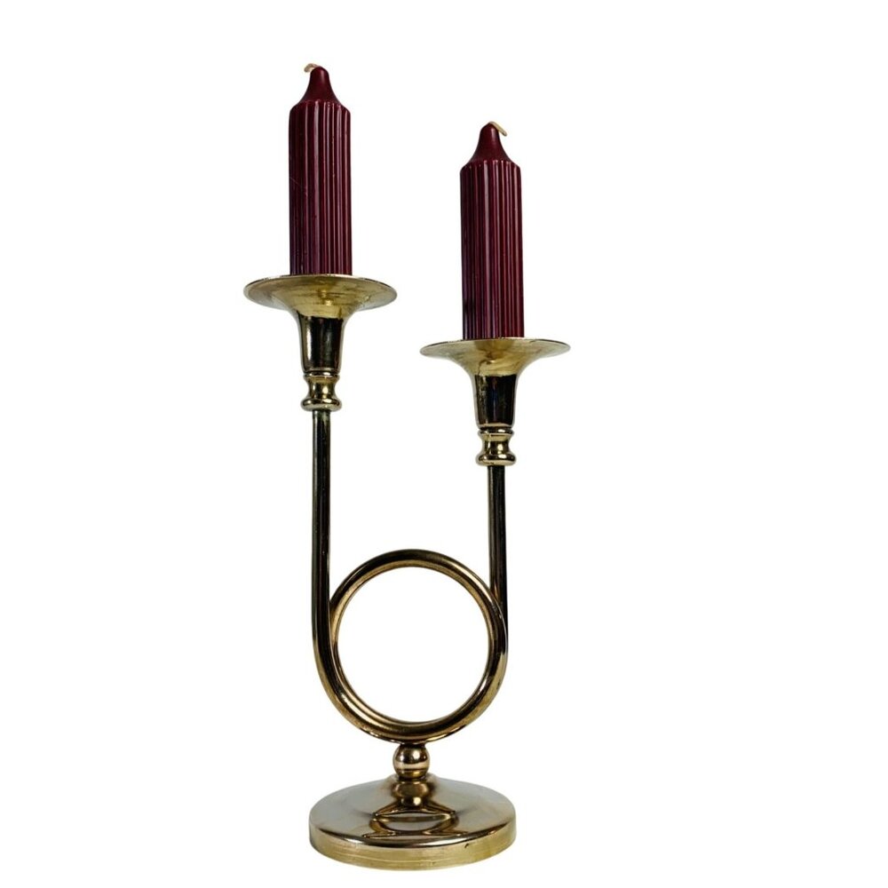 Brass Double Horn Candle Holder Table Centerpiece VTG Home Decor Holiday Mantel